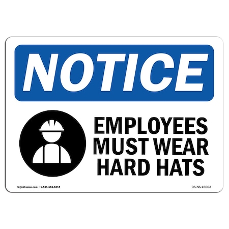 OSHA Notice Sign, NOTICE Employees Must Wear Hard Hats, 24in X 18in Rigid Plastic